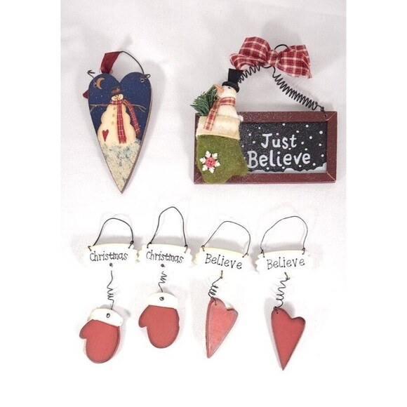 Lot of 6 Rustic Wooden Christmas Ornaments Snowman mittens Believe Wood - Picture 2 of 5